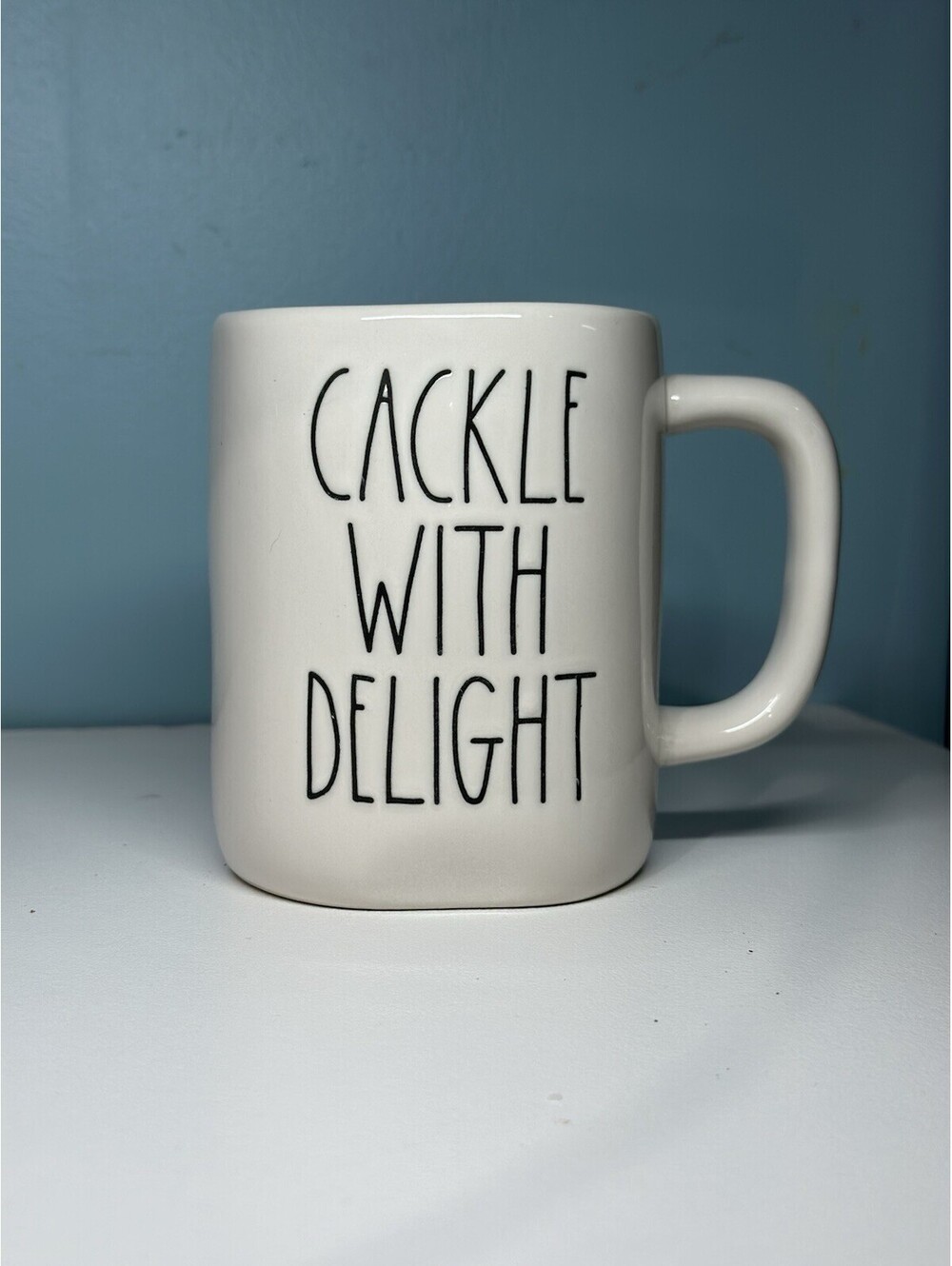 RAE DUNN “CACKLE WITH DELIGHT” Double Sided Coffee Mug Witch Hat Halloween